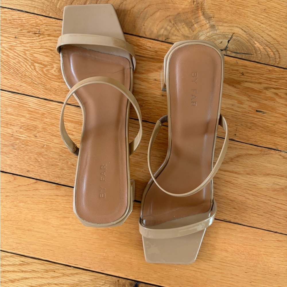 BY FAR Tanya Nude Patent Square Toe Block Heel Sandals - Picture 3 of 6